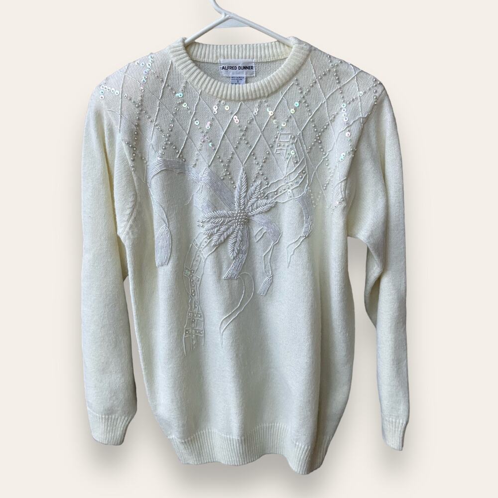 Vtg Alfred Dunner Beaded Sequin Embroidered White Sweater Size Small